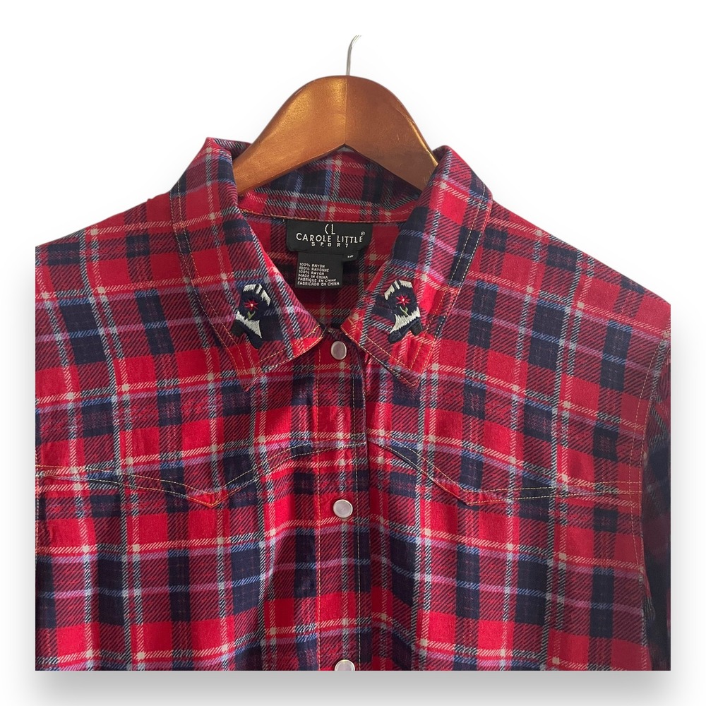 Carole Little Red Plaid Western Shirt Women's Large Rayon Pearl Snap Vintage